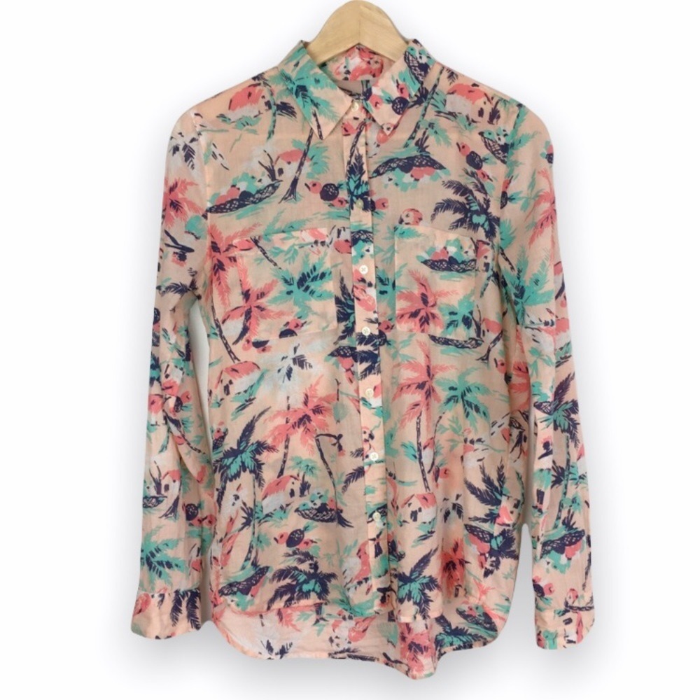 Gap Size XS Pink Blue Tropical Vacation Print Lightweight Cotton Button Up Shirt